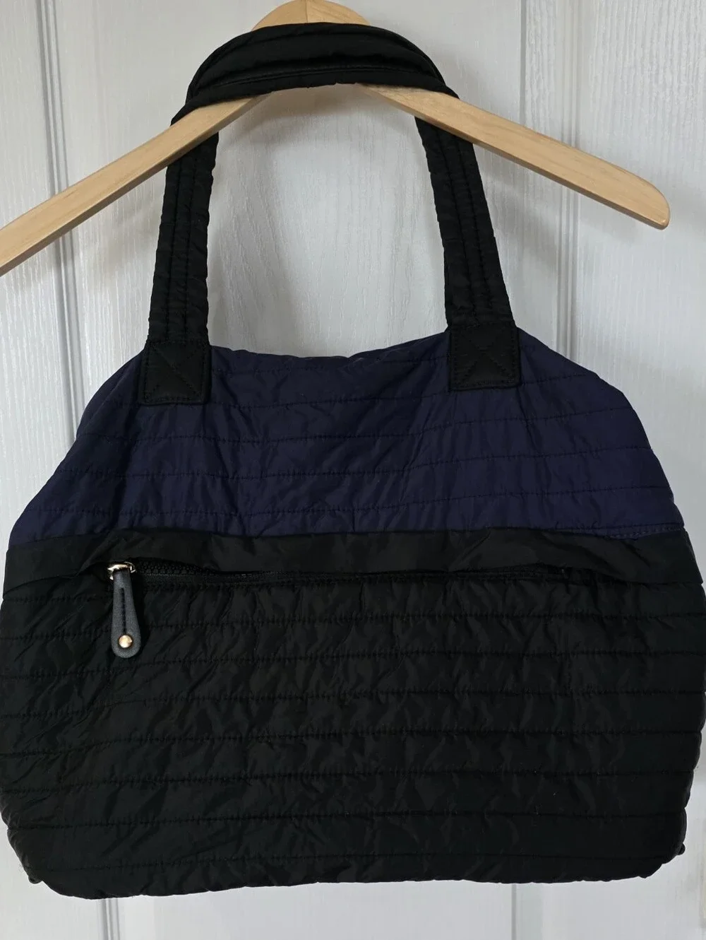 Sondra Roberts Squared Quilted Tote Bag, Navy and Black With Goldtone Hardware.